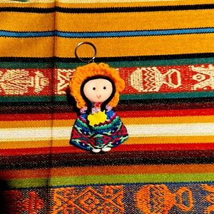Miniature collectible Peruvian doll key chain handmade crocheted textiles beans